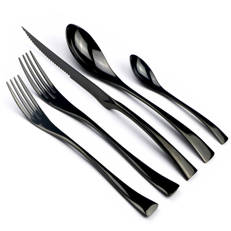 JANKNG 20-Piece 18/10 Stainless Steel Serrated Steak Knife Flatware Set, Mirror Polishing Black, Service for 4 - Image 1